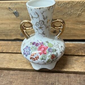 Vintage Enesco White Bud Vase with Gold Handles and Floral Design